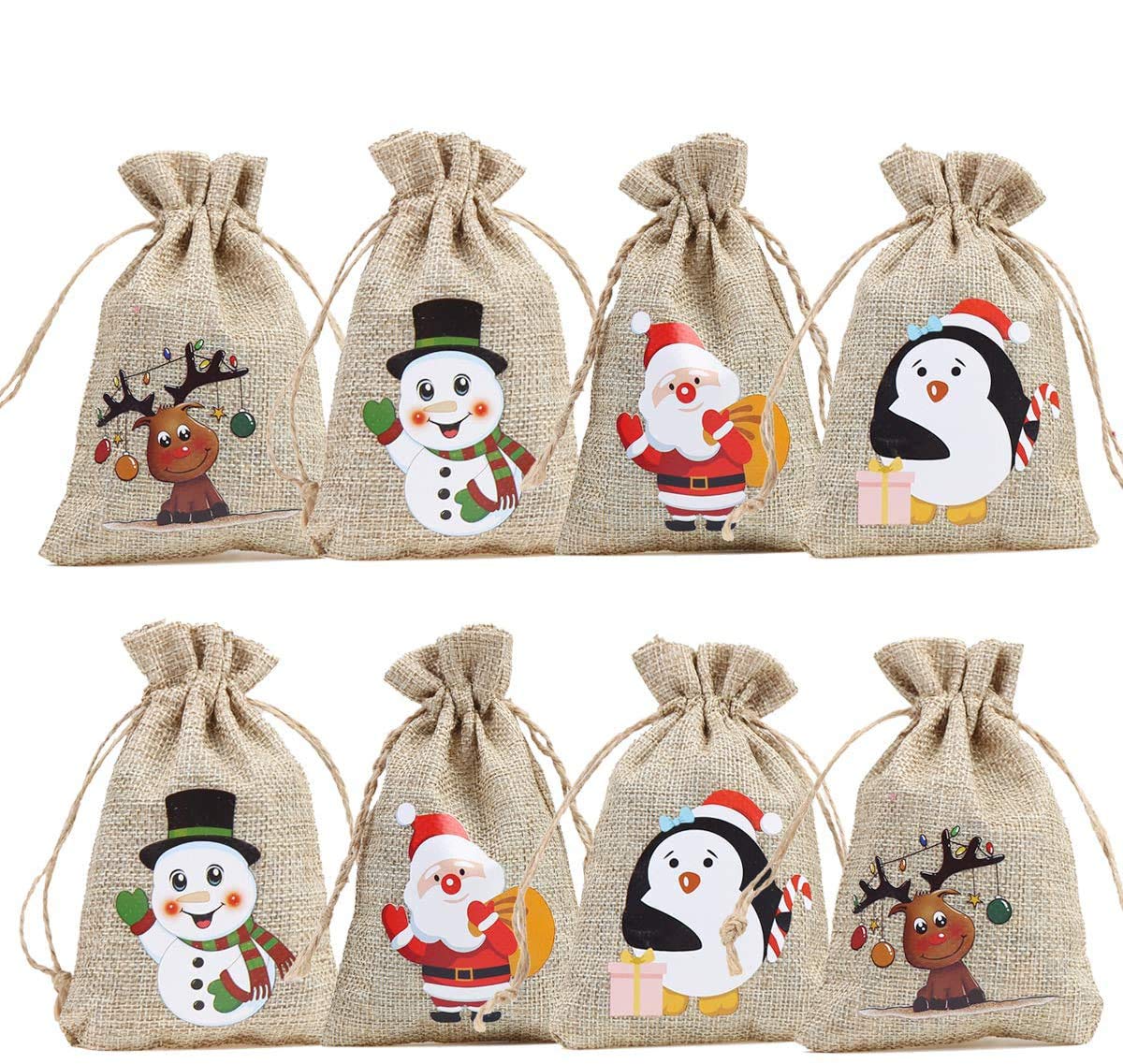 CCINEE 36pc Christmas Linen Bags with Drawstrings Christmas Burlap Goody Gift Bags with Double Jute Drawstrings, 4 designs Snowman, Santa Claus, Penguin and Reindeer