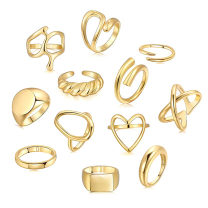FAXHION 12PCS Gold Stackable Rings Set for Women, 18K Gold Plated Open Stacking Knuckle Ring, Adjustable Chunky Signet Band Statement Ring for Gift