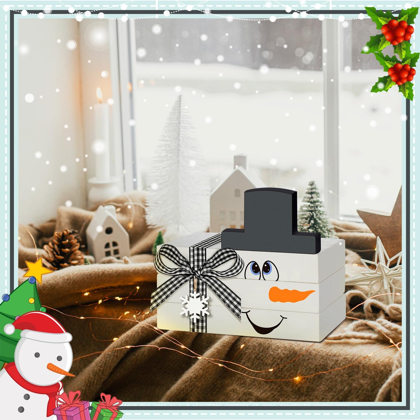 5 Pcs Winter Snowman Table Decorations Winter Wooden Tiered Tray Decor White Centerpiece Decorative Wood Books Table Top Decor Home Farmhouse Rustic Kitchen Shelf Decoration