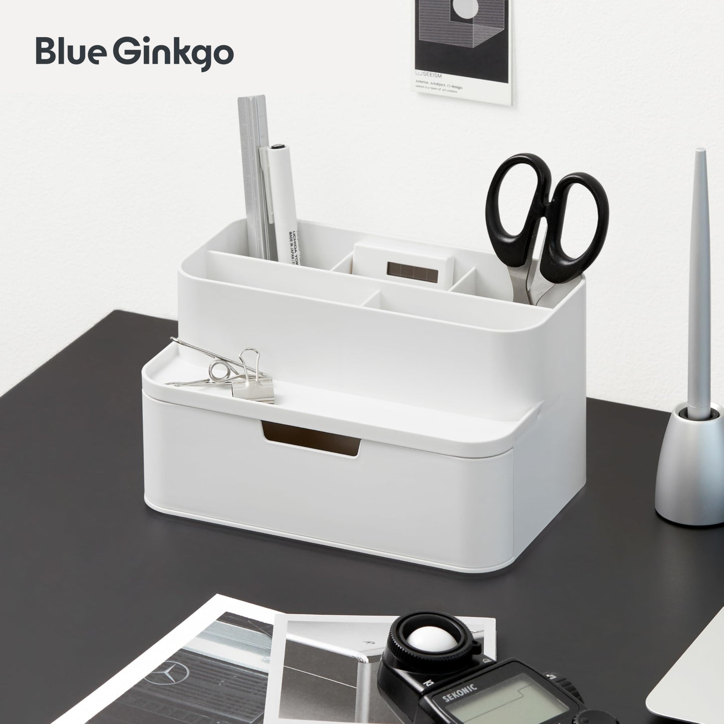 BLUE GINKGO Compact Desk Organizer – Small 5-Compartment, Half Drawer Storage – Pen Holder, Stationery Organizer for Desktop, Vanity, Shelf (Made in Korea, White)