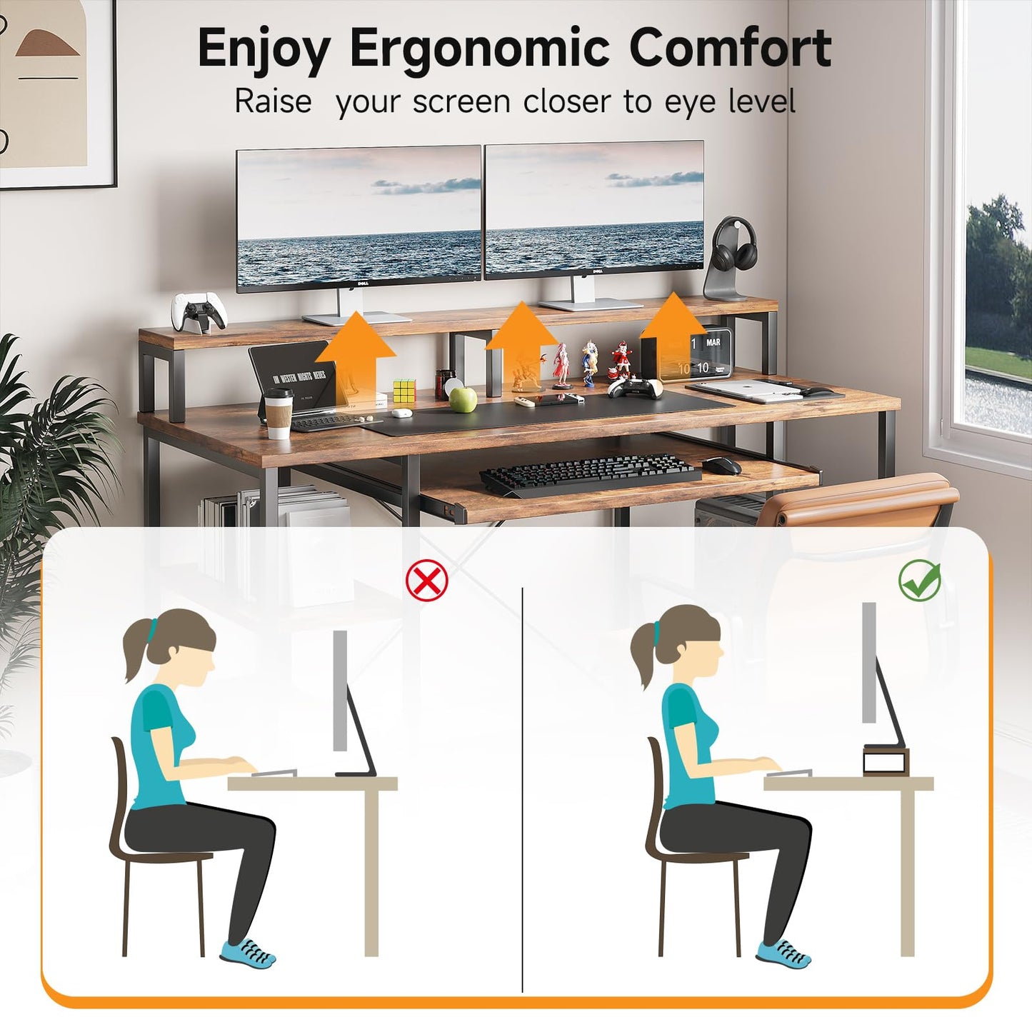VERMESS 48Inch Computer Desk, Home Office Desks with Keyboard Tray, Gaming Desk with CPU Stand Shelf,Industrial Study Table Wide Writing Desk with Storage Shelves for 2 Monitors, Rustic Brown