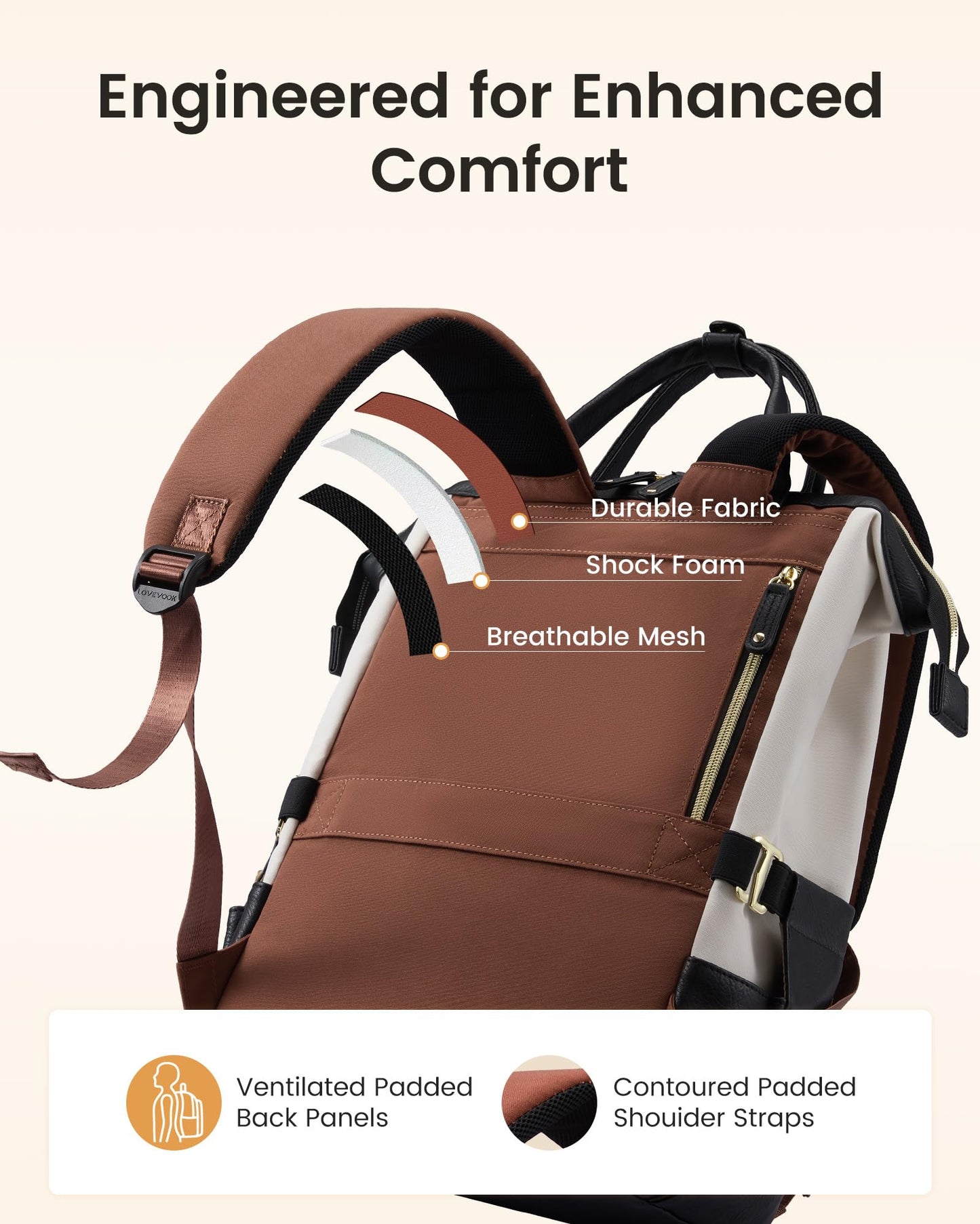 LOVEVOOK Laptop Backpack for Women with Giant Tumbler Holder,15.6 inch Professional Nurse Teacher Backpack Computer Laptop Bag,Cute Waterproof Travel Backpack Purse Work College Bag, Beige-Black-Brown