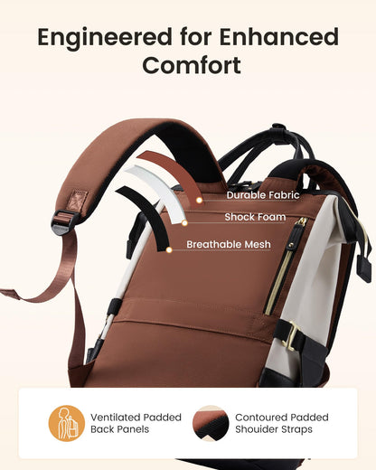 LOVEVOOK Laptop Backpack for Women with Giant Tumbler Holder,15.6 inch Professional Nurse Teacher Backpack Computer Laptop Bag,Cute Waterproof Travel Backpack Purse Work College Bag, Beige-Black-Brown