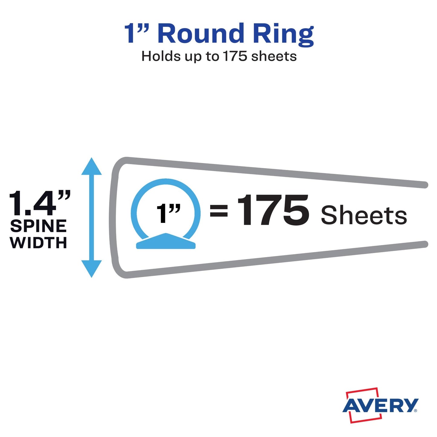 Avery Show-Off Standard View 3 Ring Binder, 1" Round Rings, 175-Sheet Capacity, 1.4 Inch Wide Spine, Color Will Vary (Black, Light Blue, Navy Blue, or Red), Ideal for Light Organization (12789)