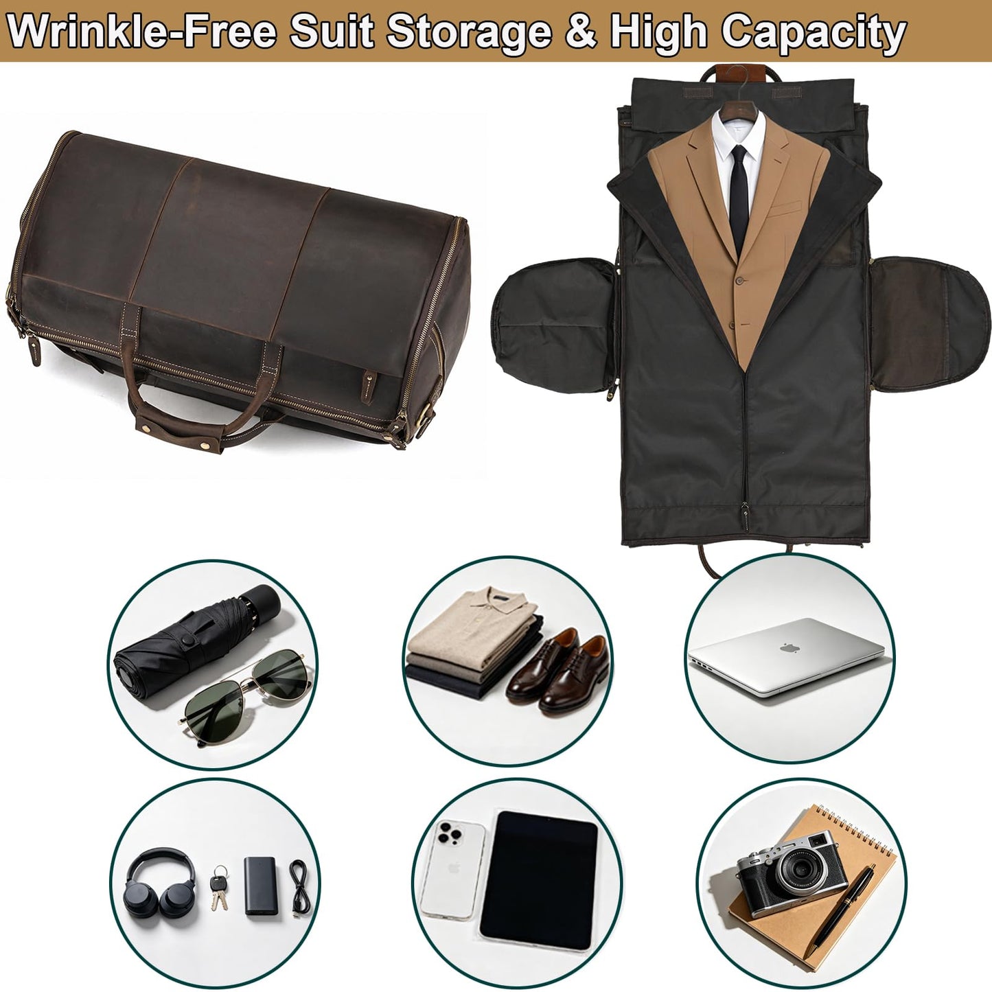 Yevabo Full Grain Genuine Leather Garment Bag for Men 2 in 1 Convertible Suit Travel Duffel Weekender Overnight Bag with Shoe Compartment Business Carry On Luggage, Dark Brown
