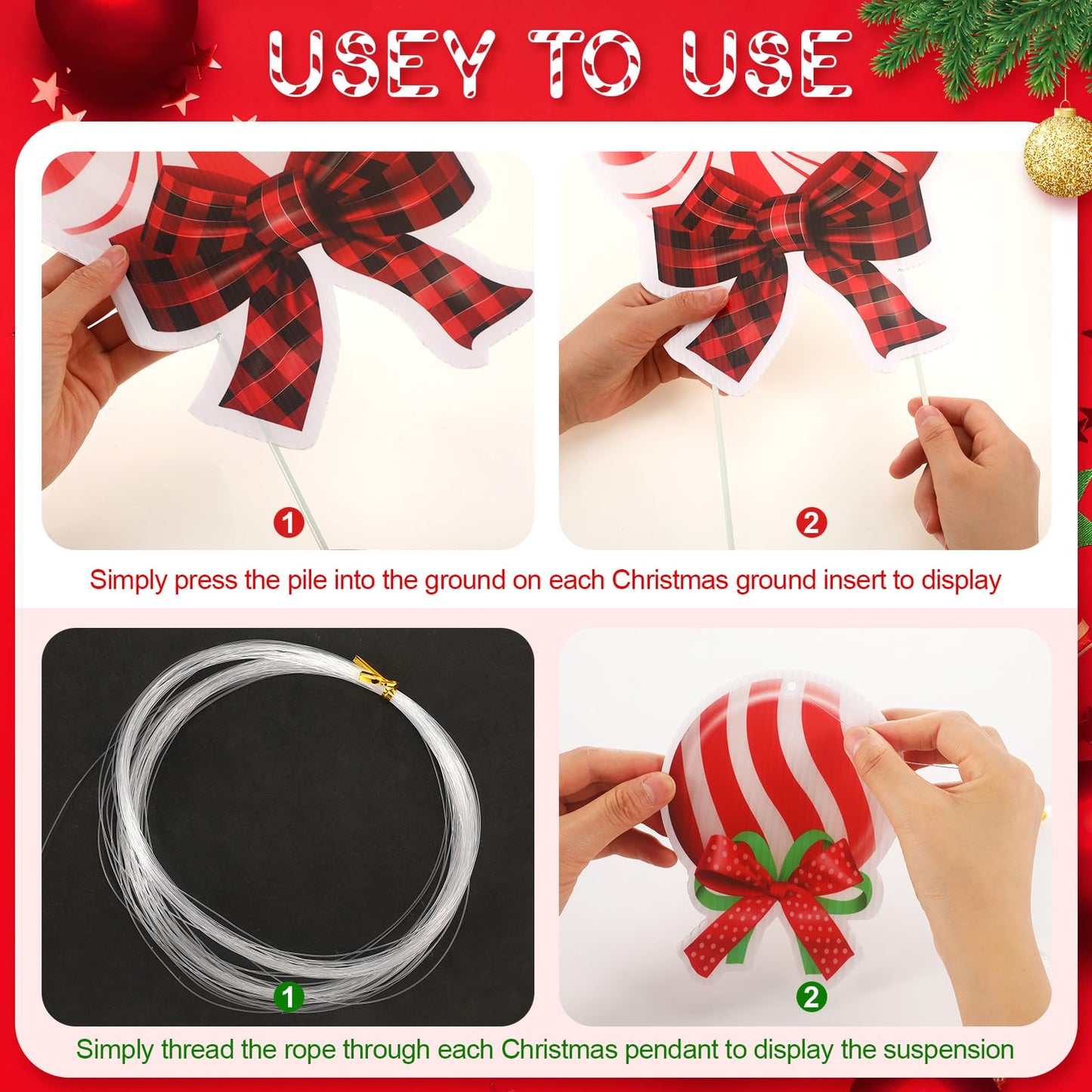 Huwena 30 Pcs Christmas Outdoor Hanging Decorations Snowflakes Candy Yard Signs Include 6 Plastic Yard Stakes 24 Double Sided Ornaments for Christmas Winter Holiday Garden Tree Decor(Candy Cane)