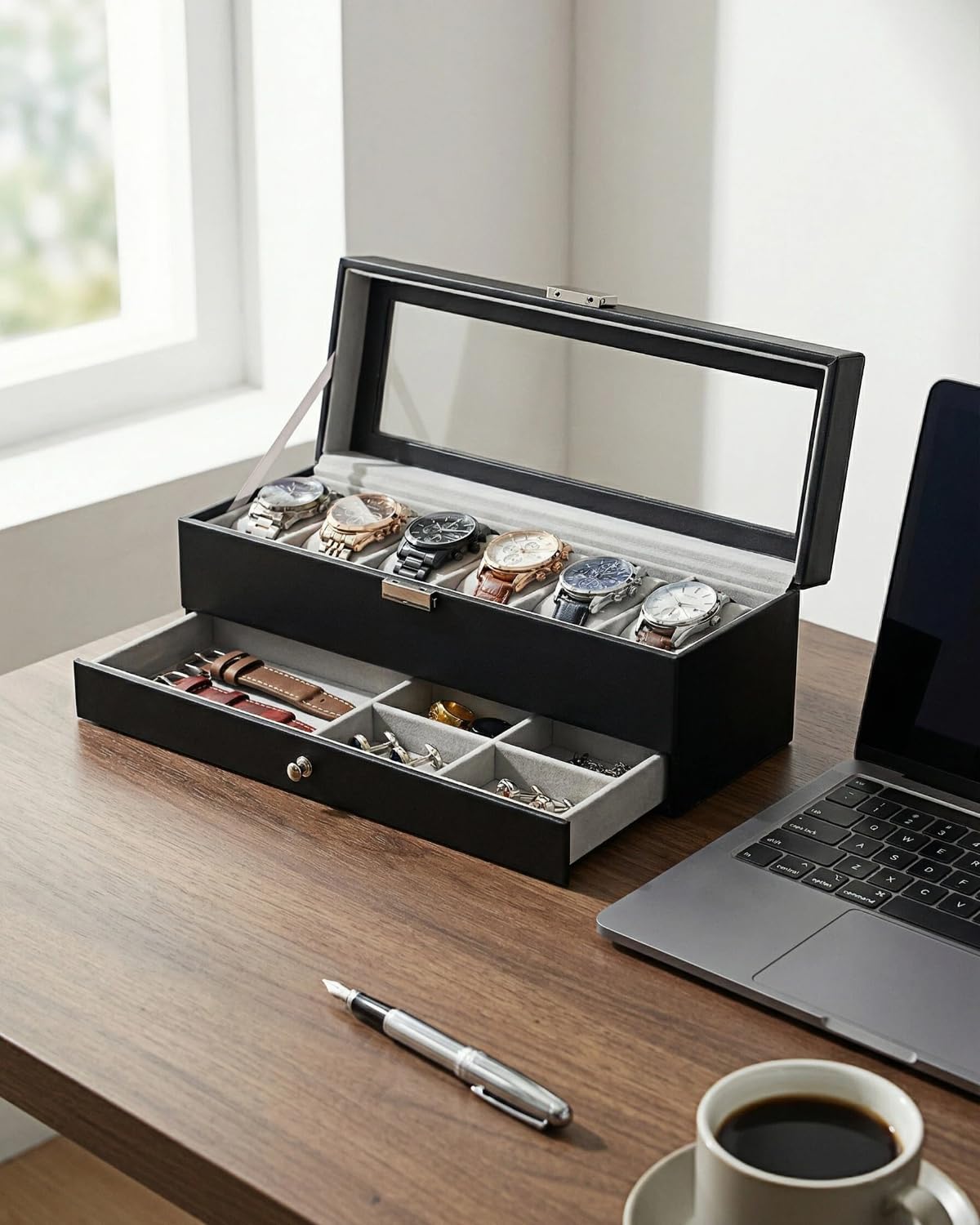 GLOBAL KA Watch Box for Men 6 Slot,Double Layer Mens Watch Case Display Organizer with Real Glass Top,Large Holder for 50mm Watches,PU Leather Jewelry Drawer Storage Valet Tray for Men,Black