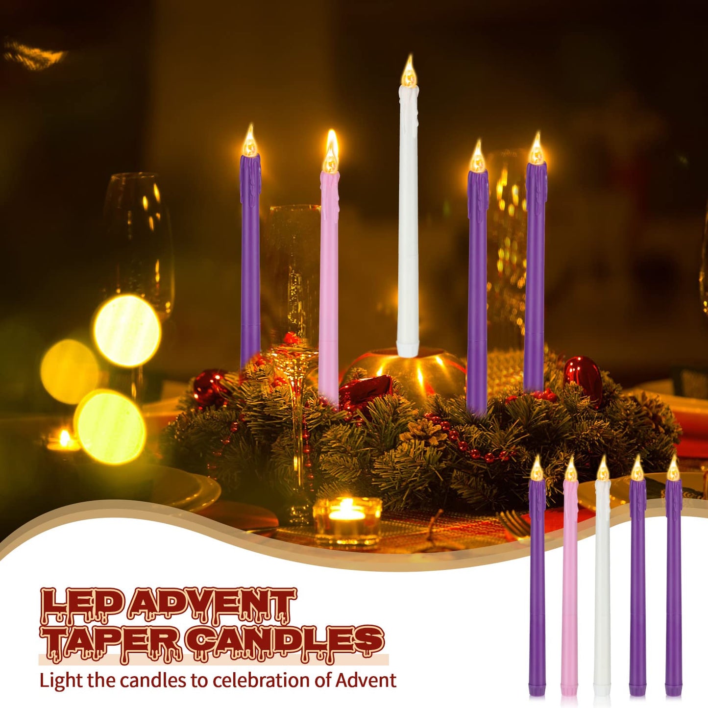 BBTO Christmas Flameless Advent Candles Set of 5 Battery Operated Candles LED Taper Candle Purple & Pink Glitter Flickering Candle for Christmas Fireplace Wreath Decor(Teardrop Style)