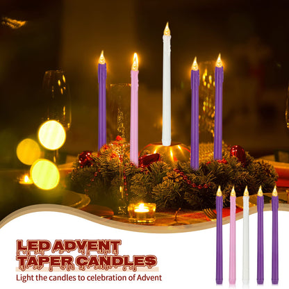 BBTO Christmas Flameless Advent Candles Set of 5 Battery Operated Candles LED Taper Candle Purple & Pink Glitter Flickering Candle for Christmas Fireplace Wreath Decor(Teardrop Style)