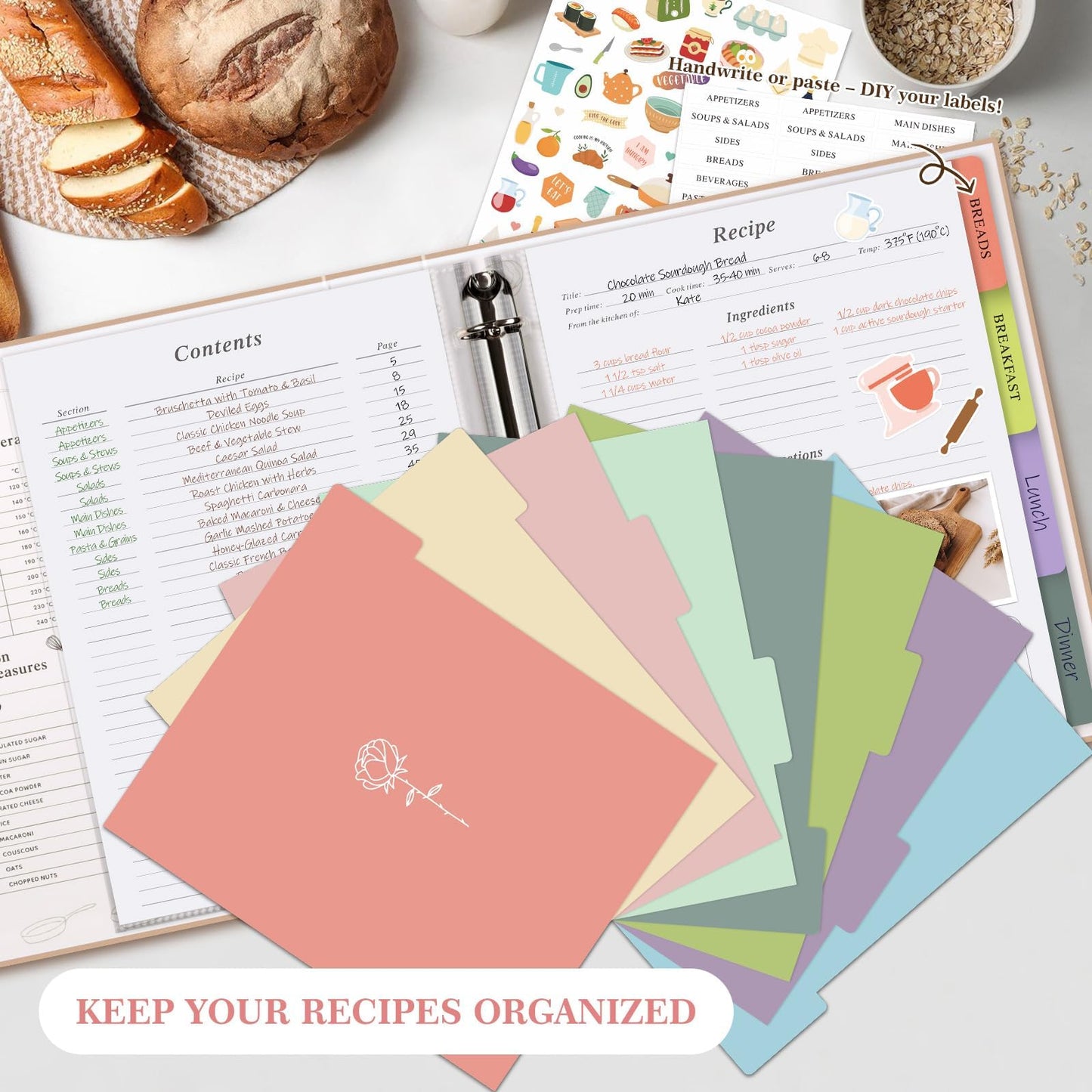 Lanpn Recipe Binder 8.5x11 3 Ring Kit, Waterproof Organizer Binder to Write in Your Own Recipes, Blank Recipe Book with 60 Plastic Sleeves,116 Recipes, Dividers, Labels & Stickers, Oat