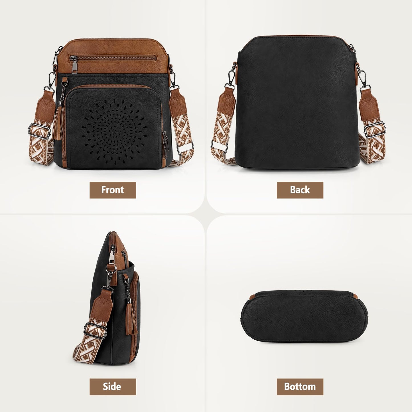 RAINSMORE Crossbody Bags for Women Leather Purse with Built in Wallet & Wide Straps Travel Cross Body Shoulder Handbags, black&brown