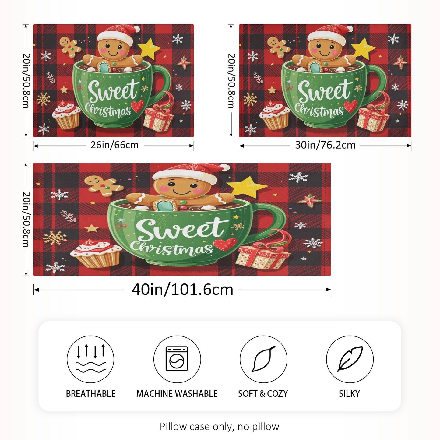 Gredecor Christmas Winter Satin Pillowcase Queen Size Sweet Gingerbread Red Black Plaid Pillow Cases Silky Pillow Cover for Home Sofa Bedroom 20x30 in
