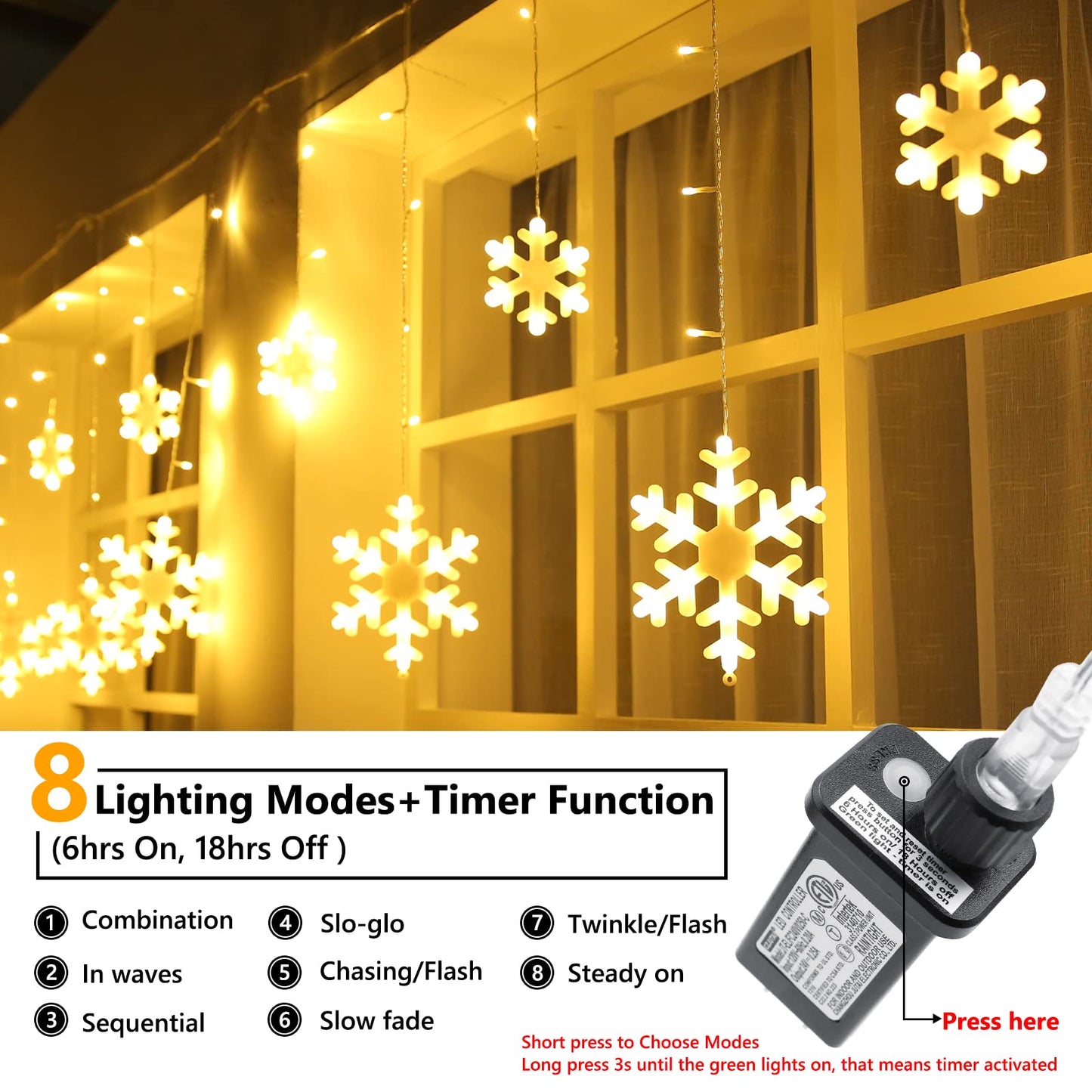 Christmas Snowflake Lights Outdoor, 17.22ft 264 LED Snowflake Icicle Lights with 22 Drops, 8 Modes connectable Plug In Christmas Light Waterproof for Eaves, Garden, Indoor & Outdoor Decor (Warm White)