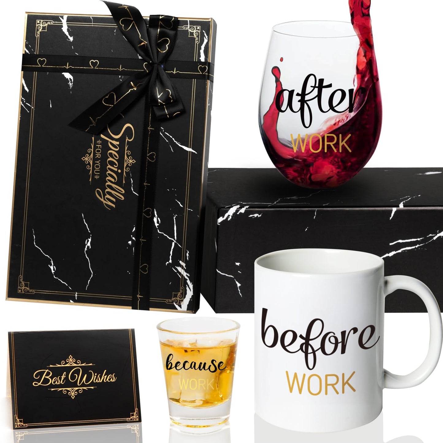 PUGED Before Work After Work Because Work Gift Set 11 oz Coffee Mug 18 oz Wine Glass 2 oz Shot Glass with Gifted Box for Coworkers Boss Office Gifts Bosses Day Christmas Farewell Party Gift (Black)