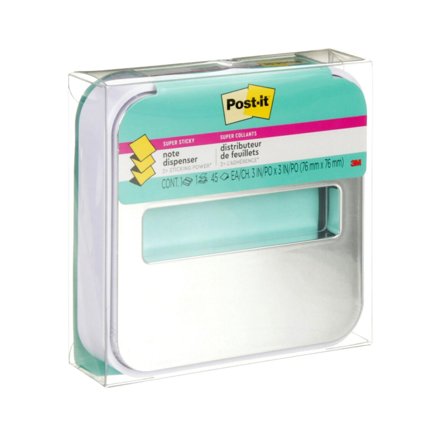 Post-it Note Dispenser, Sticky Note Holder, White Base with Steel Top, Includes 1 pad of 45 Sheets of 3 in x 3 in Aqua Splash Pop-Up Notes, Classroom or Office Supplies