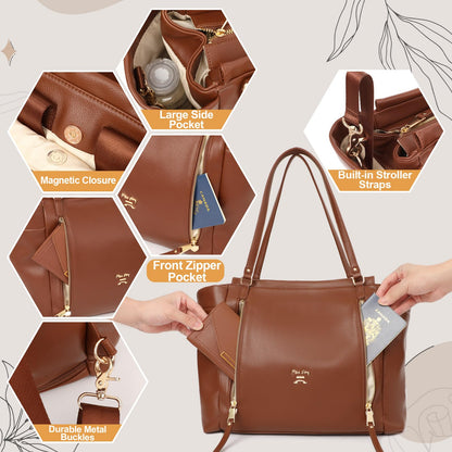 miss fong Diaper Bag Tote Leather Diaper Bag Backpack, Large Capacity Mommy Bag Hospital Bag, 12 Pockets Travel Diaper Tote with Changing Pad Pañaleras Para Bebe for Mom & Dad-Brown