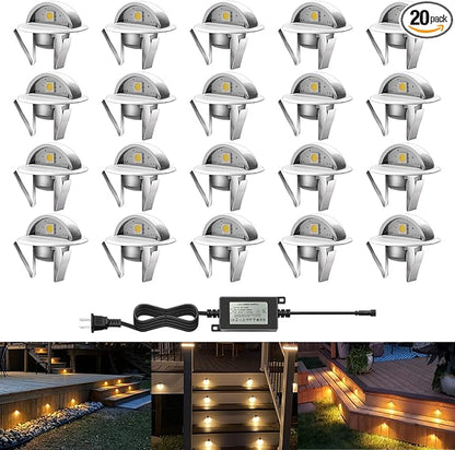 LED Outdoor Deck Lights Kits, Φ1.38in Warm White 20 Pack Silver, Low Voltage 12 Volt DC IP65 Waterproof, Electric Wired Recessed Stair Step Riser Mini Under Landscape Lighting for Yard Floor