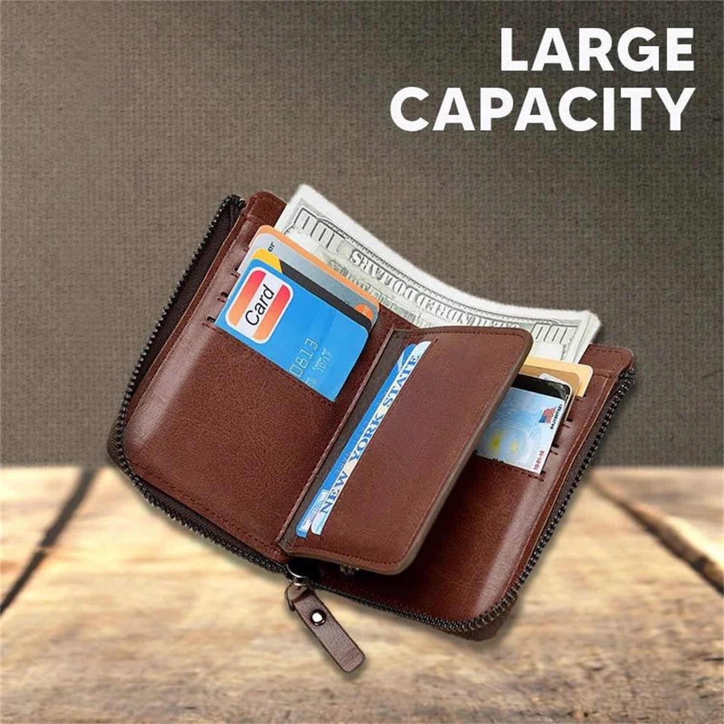 Plinvo Men's RFID Blocking Waterproof Wallet Genuine Leather Large Capacity Zipper Holds 1-14 Cards Slim Brown (BROWN)