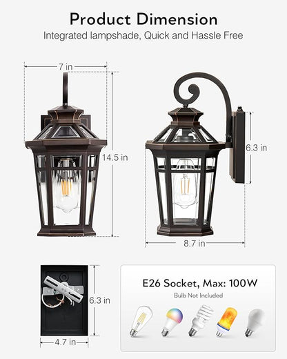 Outdoor Wall Lights Wall Mount, 2-Pack Front Porch Light Fixtures, Oil Rubbed Bronze Dusk to Dawn Exterior Lantern, Modern Patio Wall Sconce with Beveled Glass, Outside Garage Lights for Coach