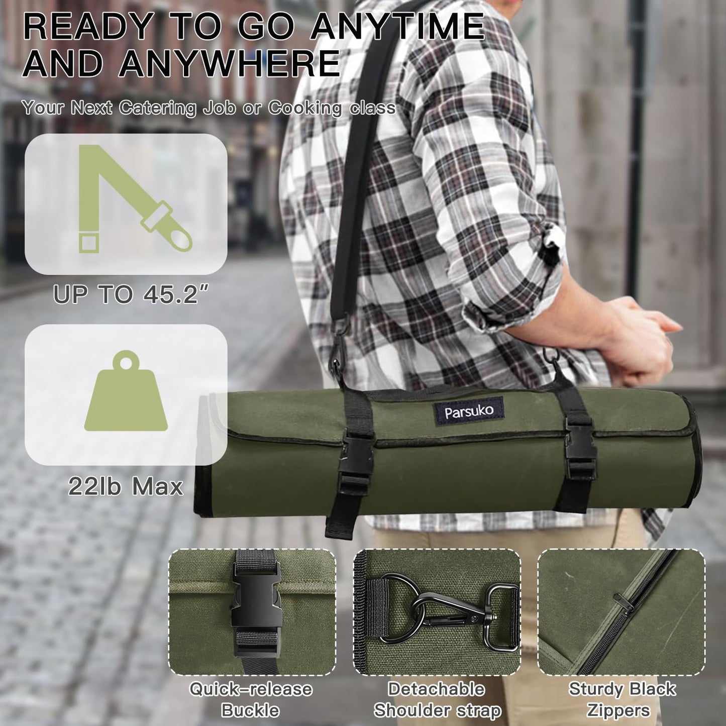 Parsuko Chef Knife Roll Bag,Waterproof Waxed Canvas Knife Case Holds,Knives Roll Bags for Chefs Professional with Adjustable Strap,Chef Backpack with 10 Knife Slots and a Large Zippered Pocket