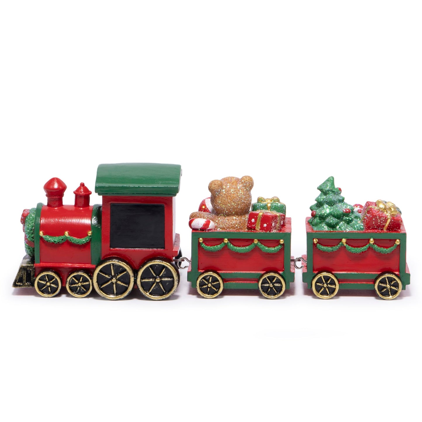 Hodao Christmas Train Decorations – Hand-Painted Resin Santa Claus Gift Train with Teddy Bear, Christmas Tree and Presents, Festive Ornament for Home, Tabletop, Shelf, Mantel, Décor