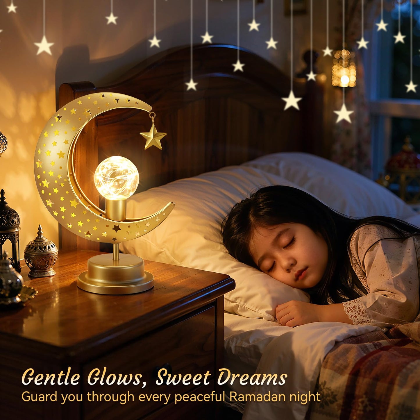 Lewondr Ramadan Moon Lamp, Crescent Moon with Star Table Lamp, Battery Powered Ramadan Desk Lamp Decorations Crescent Table Light Bedside Night Stand Desktop Living Room Home Decor, Eid Mubarak Decor