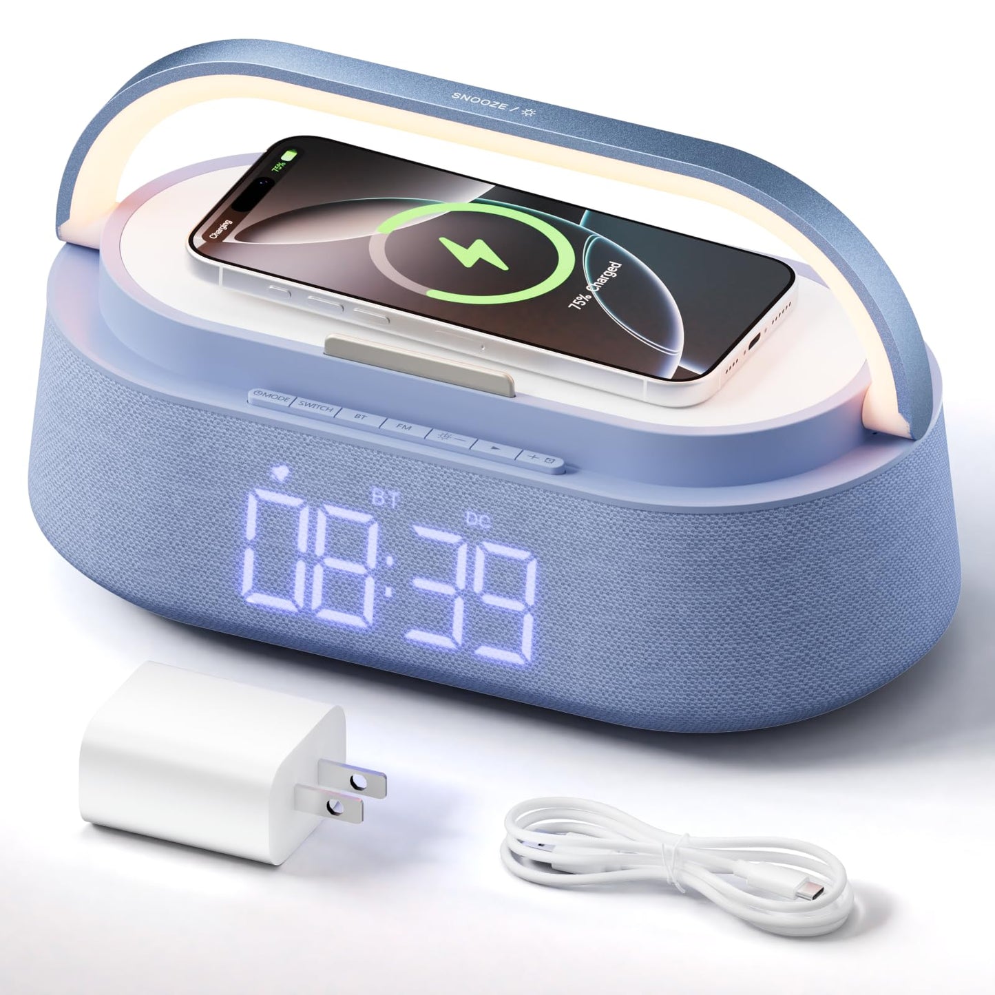 FREEFISH 6-in-1 Bluetooth Speaker with Wireless Charging, FM Radio,Bedrooms Dimmable Nights Light, Snooze Function for Home, Office, Wireless Charger Compatible iPhones 16/15/14/13/12