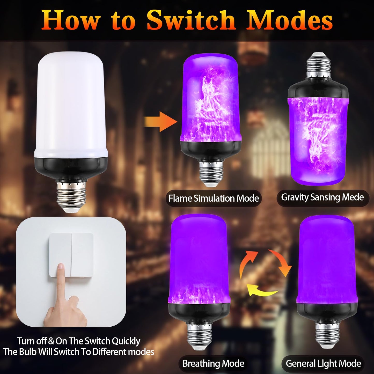 JAHEKS Orange Purple Flame Light Bulbs, Flickering Light Bulb with 4 Modes Upside Down Effect, 5W E26 Base LED Fire Lights for Halloween Christmas, Indoor Outdoor Party Home Patio Porch Decor