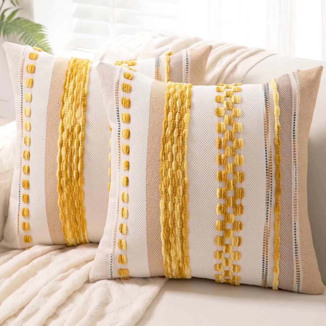 WANLIRD Boho Throw Pillow Covers 18x18 Set of 2 Farmhouse Decorative Cushion Case Striped Square Pillows Cover Chenille Pillow Cases Accent Neutral Pillowcase for Sofa Couch Bed,Yellow