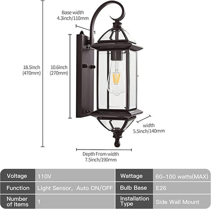 Copper Dusk to Dawn Outdoor Wall Lights Exterior Light Fixtures Porch Light Wall Mount,18.5''H Outside Lights for House,Garage,Porch Patio,Oil-Rubbed Bronze 1 Pack with E26 Socket
