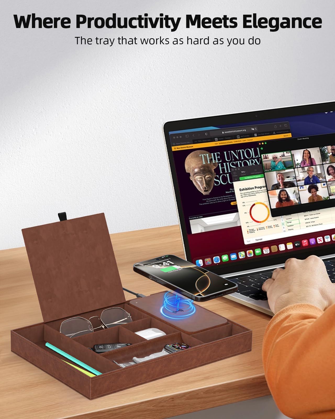 Leather Valet Tray with Wireless Charging Pad - Luxury EDC Nightstand Organizer for Men - Premium Desk Tray for Phone, Watch, Glasses & Keys - Sleek Office Desk Accessories & Gift for Him, Brown