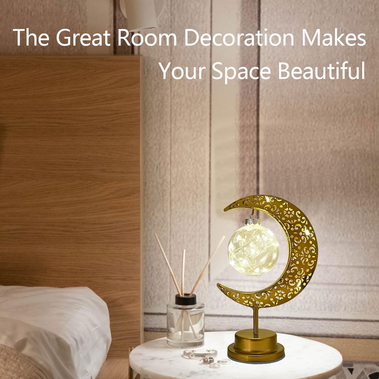 Mayamila Decorative Table Lamp, Crescent Moon Lamp Ramadan Table Decor, Battery Powered Christmas Ramadan Desk Lamp Decorations for Home, Patterned Hollow Out Warm Boho Light for Bedrooms Nightstand