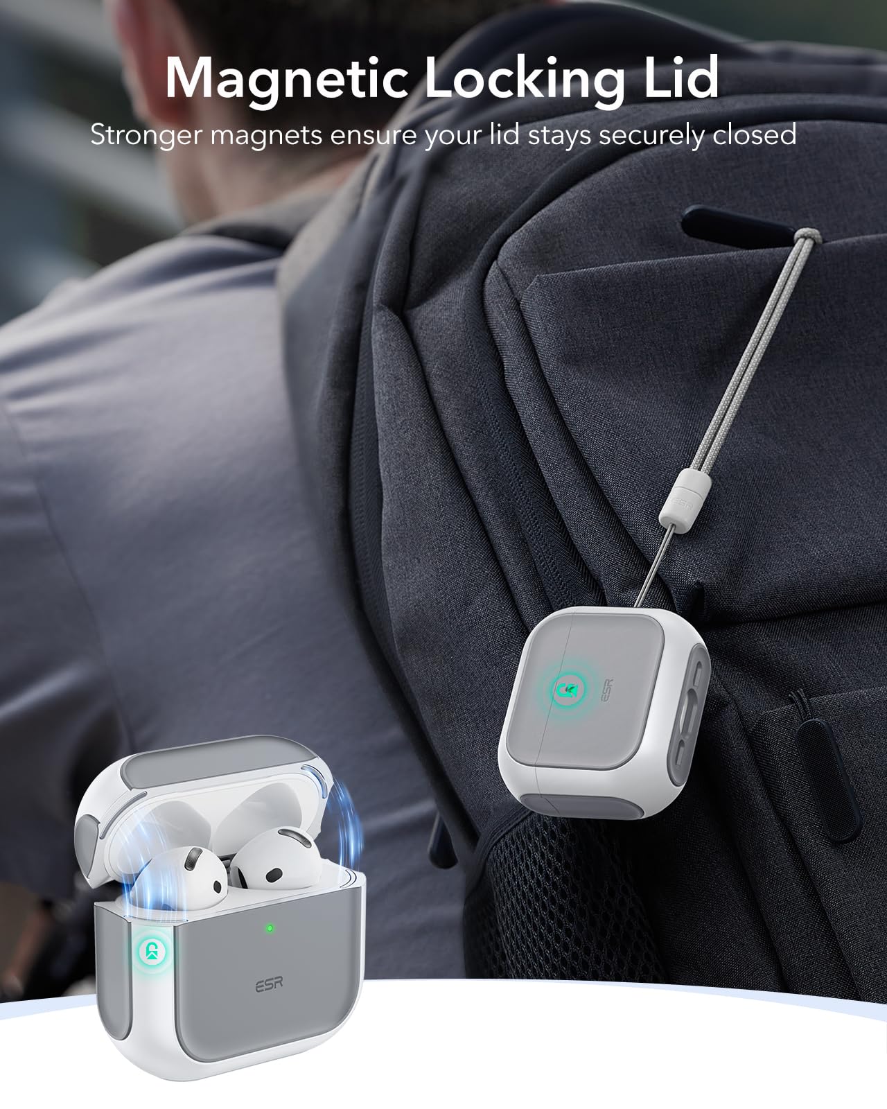 ESR for AirPods 4 Case, Compatible with AirPods 4th Generation Case (2024) (USB-C), Compatible with MagSafe, Drop Protection Cover with Lanyard, Magnetic Lid Lock, Orbit Hybrid Series, White