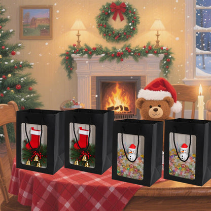 FUGOCOOG 12 Pcs Gift Kraft Paper Bags with Transparent Clear Window 9.8"x7"x5" Party Favor Bags with Handles for Shopping Business Christmas Birthdays Festivals Party Weddings Baby Shower (Black)