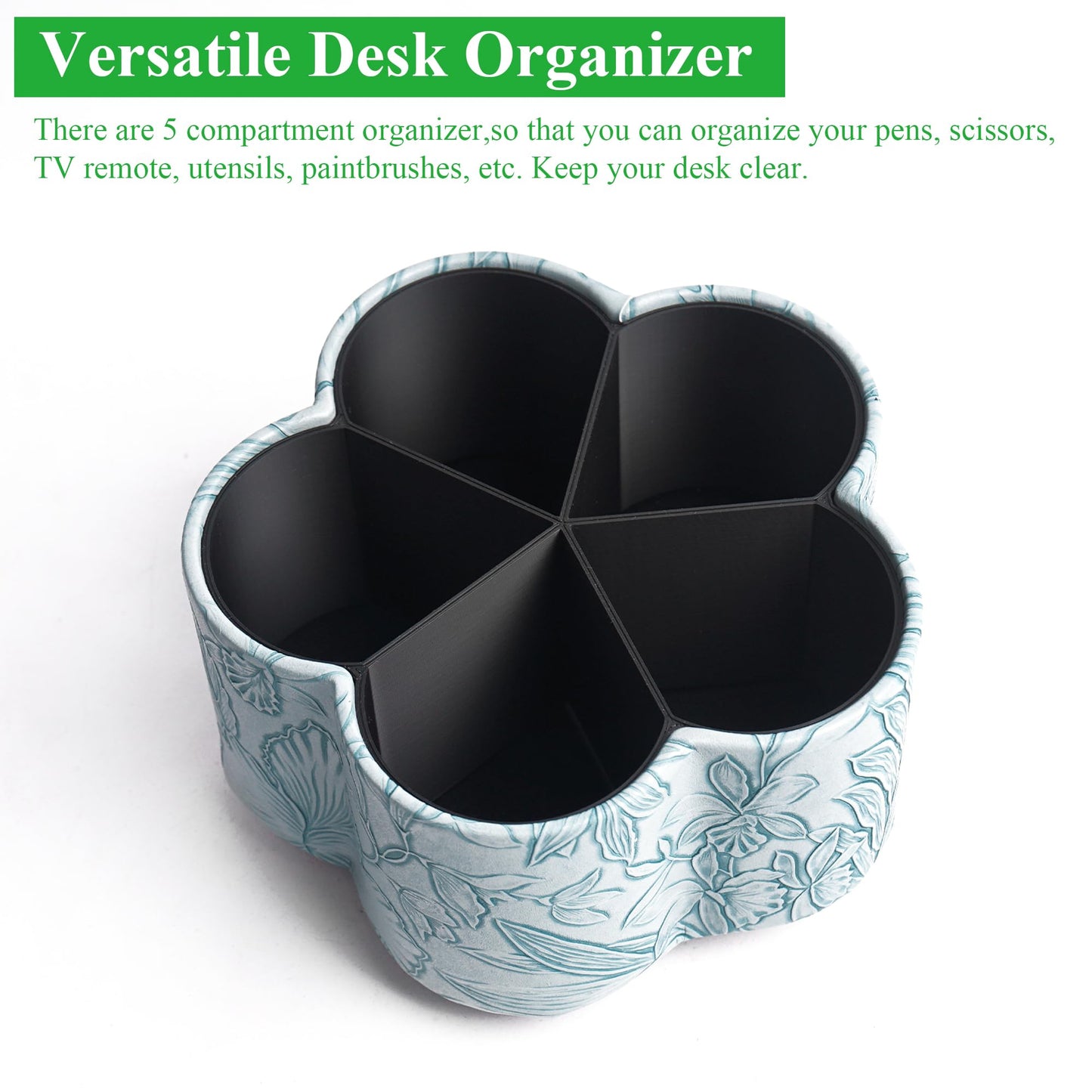 Lvkjafaz Flower Shaped Leather Art Supply Organizer,Remote Control Holder,360 Degree Spinning,Multi-Functional Pencil Holder,5 Compartments Desktop Stationary Organizer(1-Flower Blue)