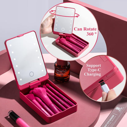 BS-MALL Travel Makeup Brush Set Foundation Powder Concealers Eye Shadows Makeup Set with LED light Mirror 14 Pcs (Green)