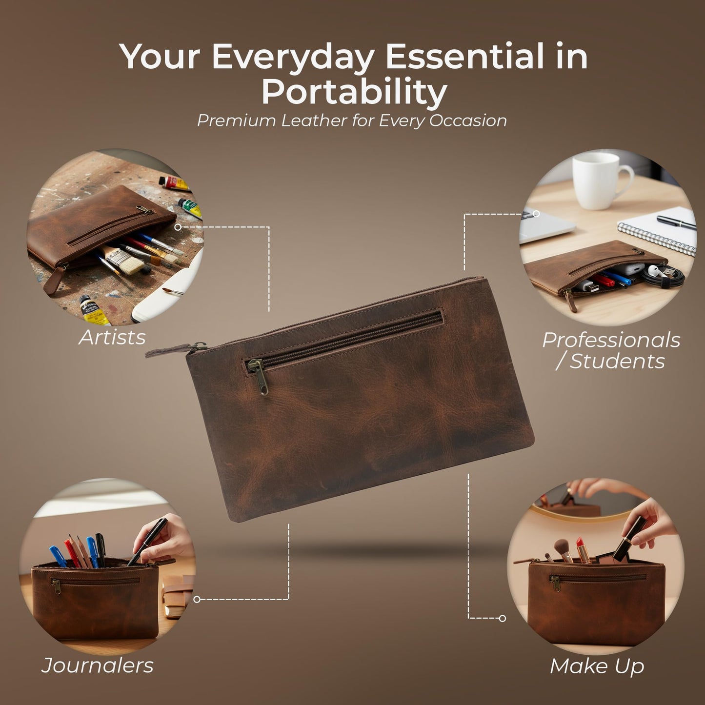 WANDERINGS Genuine Leather Pencil Pouch Case - Large 11" x 6.5" (28 x 16cm) - Hand Crafted Brown Leather Zipper Pouch - Slim Pencil Case Holder for Men and Women