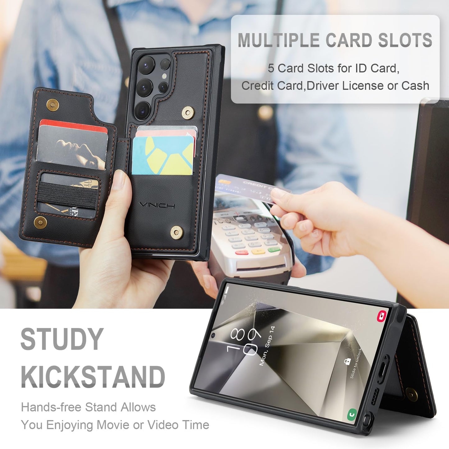 Vinich for Samsung Galaxy S24 Ultra Wallet Case with Card Holder, RFID Blocking Credit Slots Kickstand Shockproof Phone Cover Fit for Galaxy S24 Ultra 6.8" Black