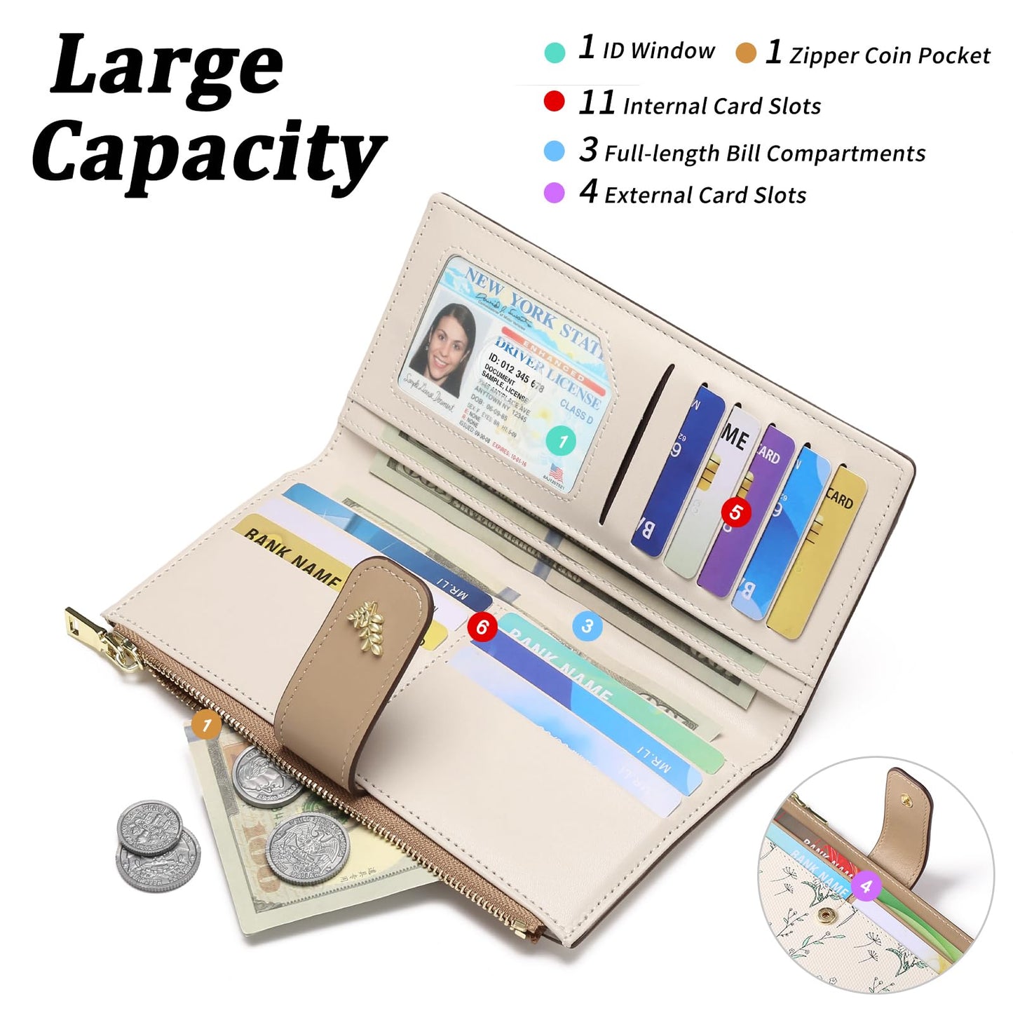 GAEKEAO Womens Wallet Slim Thin RFID Blocking Floral Vegan Leather Card Holder Bifold Long Ladies Wallet with Zipper Pocket