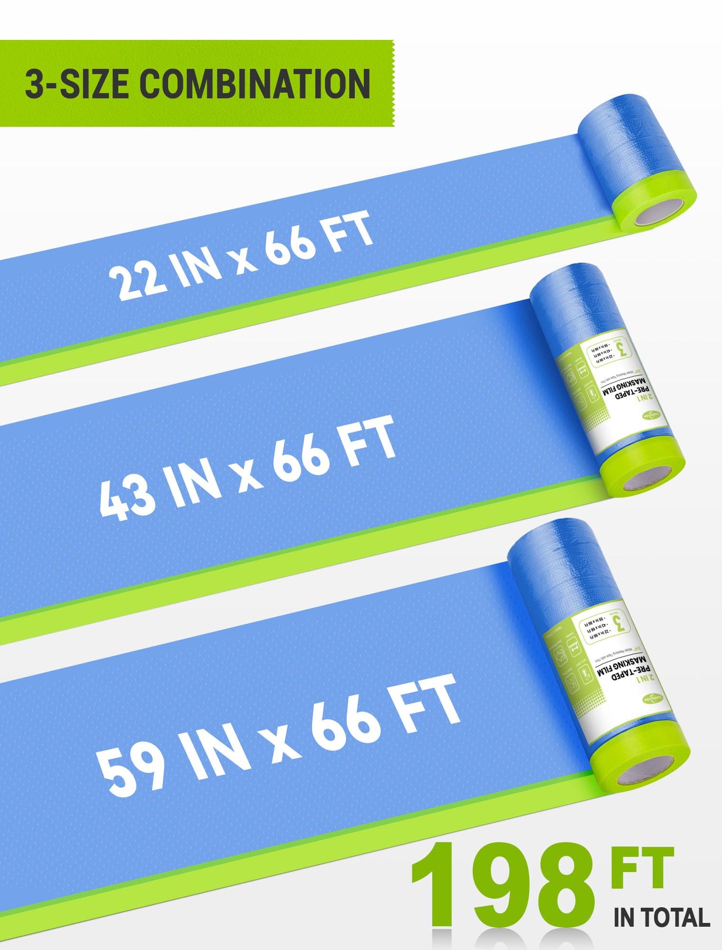 SARDVISA Pre-Taped Masking Film for Painting, 59/43/ 22 in * 66 FT, 3-Rolls Painters Plastic Sheeting with Widened Paint Tape and Drape for Covering Walls, Windows, Cars & Furniture Protection