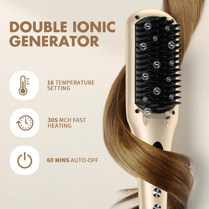 Enhanced Ceramic Hair Straightener Brush by MiroPure, 2-in-1 Ionic Straightening Brush with Anti-Scald Feature, Auto Temperature Lock & Auto-Off Function (Black)