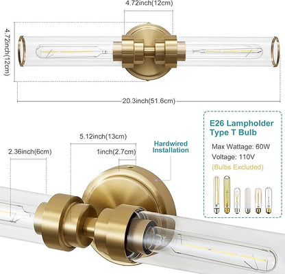 Bathroom Light Fixtures, Gold Wall Sconce in Clear Glass Vanity Lights, Modern Bathroom Vanity Light Up and Down Sconces Wall Lighting for Living Room, Hallway, Bedroom - Bulb Not Included