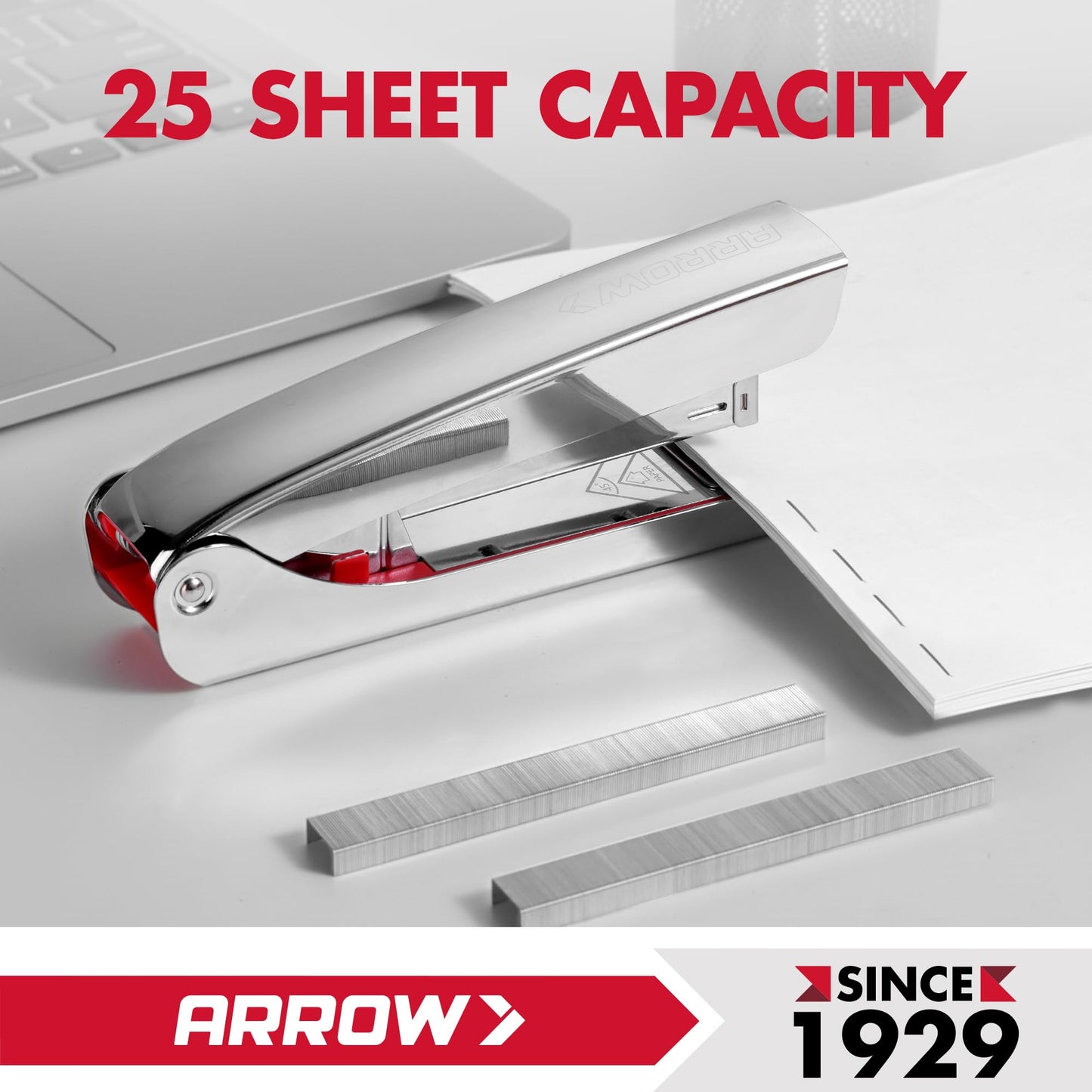 Arrow Metal Stapler, Full-Strip Stapler for Desk with 2520 Staples, 25 Sheet Capacity, Rear Staple Storage, Dual-Mode Anvil, Non-Slip Base, for Office, Classroom, and School