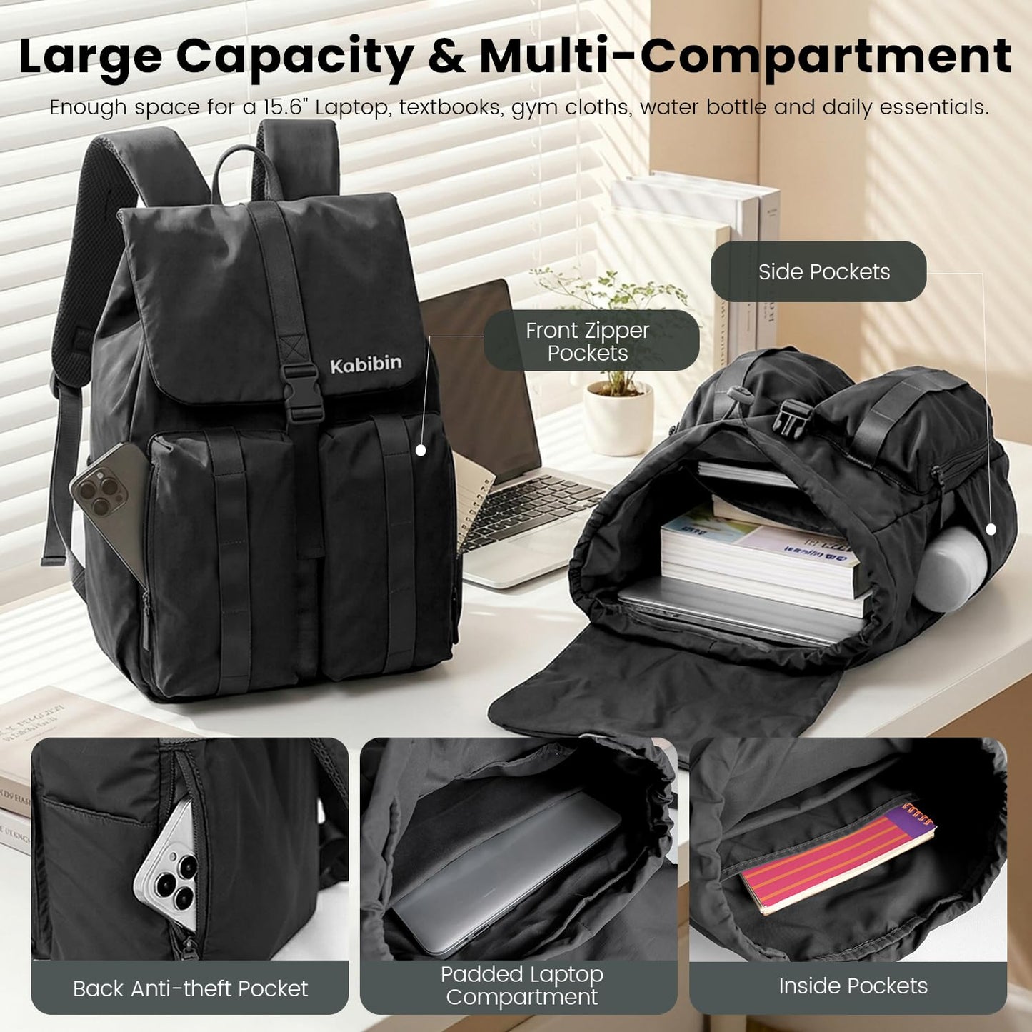 Kabibin Lightweight Casual Backpack, Water Resistant Nylon 15.6 Inch Laptop Backpack, Bookbag for Teens Adults, Outdoor Casual Daypack with Multiple Storage Pockets & External Hang Belt