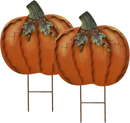 Metal Pumpkin Stakes Yard Signs Fall Decor Decorative Garden Stake Lawn Pumpkins Ornaments Outdoor Autumn Decoration for Harvest Halloween Thanksgiving (17.5" H Orange x2)