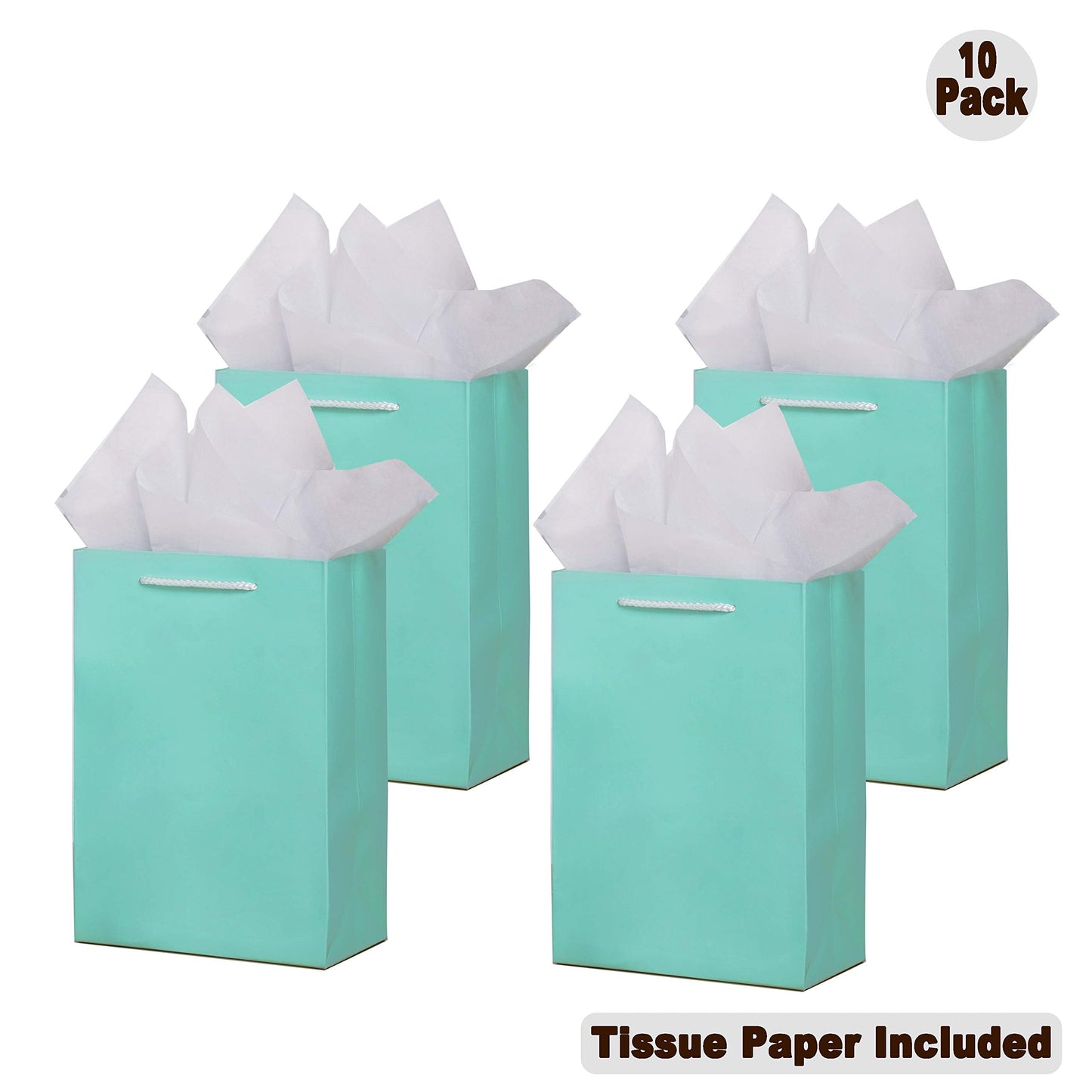 SHIPKEY 10 Pack Aquamarine Green Gift Bags with Tissue Paper | 8x4x11inch Bridesmaid Gift Bag, Wedding Paper Bag, Medium Shopping Bags for Gifts (20x10x28cm)