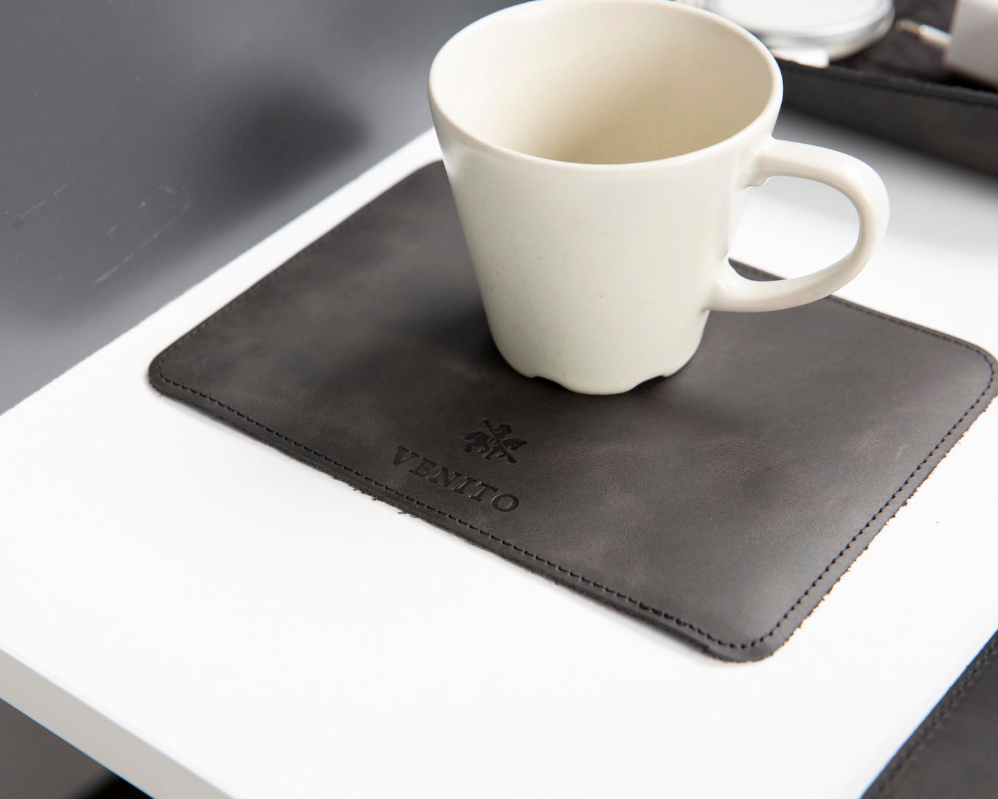 VENITO Leather 3-in-1 Desk Mat Set – Desk Mat (32"x16"), Organizer Tray & Cup Coaster – Full-Grain Leather Desk Pad for Office & Home – Elegant Workspace Accessories for Men & Women, Asphalt