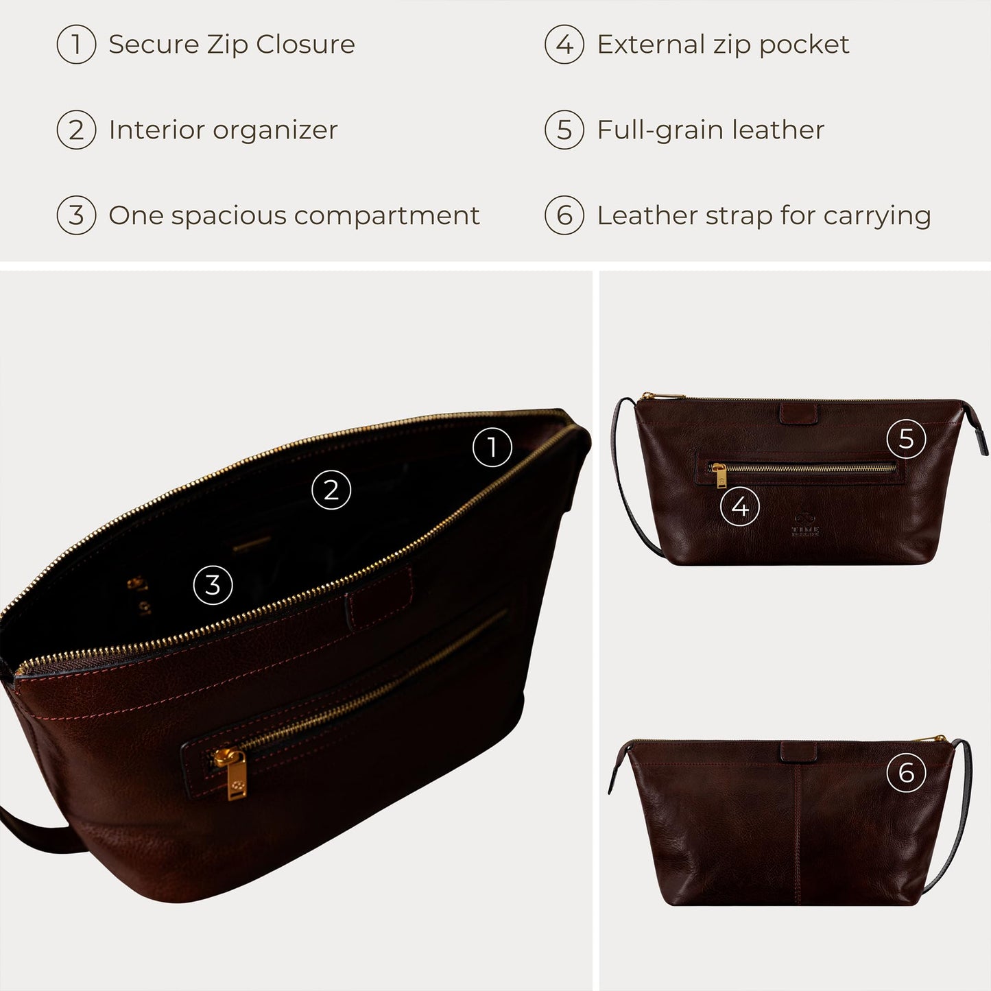 Time Resistance Leather Toiletry Bag - Dopp Kit, Full-grain Leather Cosmetic Case, Wash Bag (Brown)