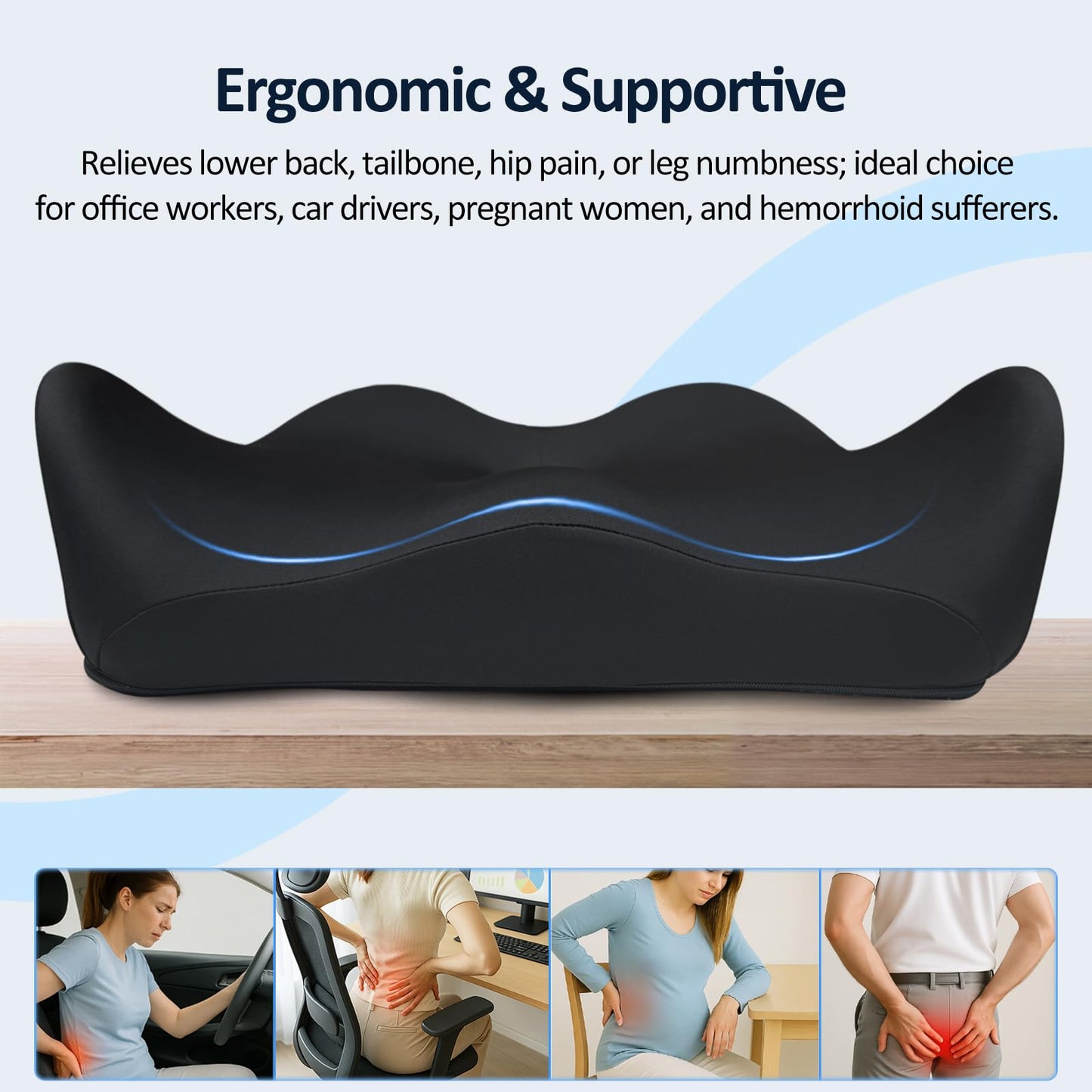 EaseDrives X Large Memory Foam Seat Cushions for Office Chairs, Long Sitting Pressure Relief Ergonomic Office Chair Cushion for Butt Coccyx Tailbone Sciatica, Car Seat Booster for Height (Black)