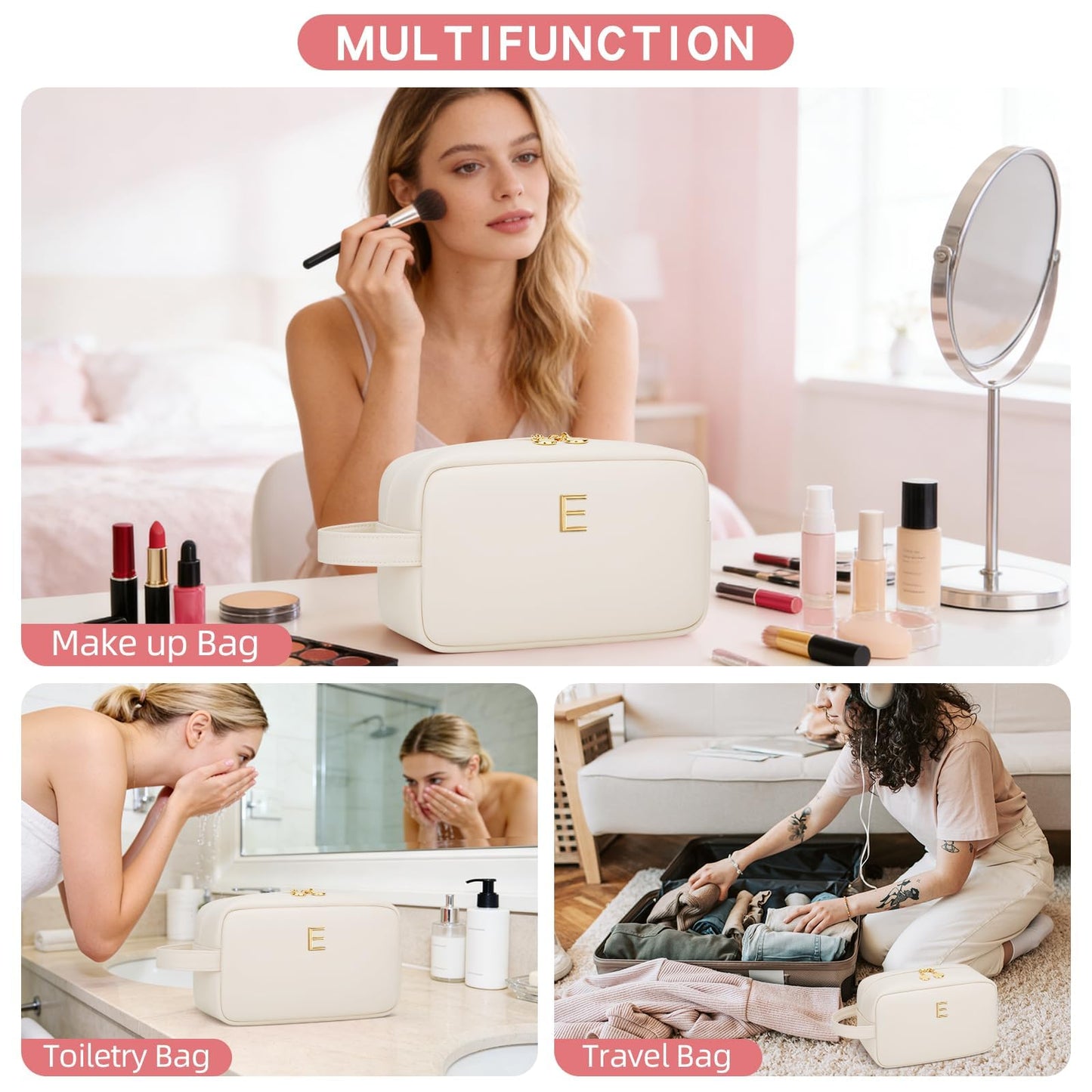 CLOUDWINGS Personalized Gifts for Women Girls - Customized Gifts for Mom Bridesmaid Graduation Friend, Initial Makeup Bag Cosmetic Bag with Large Capacity, PU leather Travel Toiletry Bags (Beige, E)